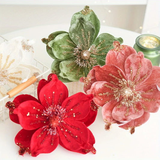 Christmas Flowers Heads Christmas Tree Decorations for Home Glitter Artificial Flowers Xmas Party Ornaments New Year Decor