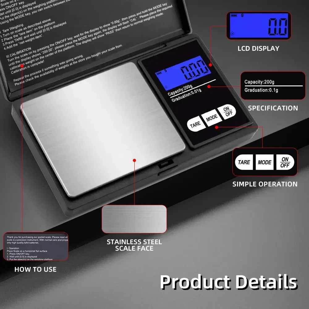0.01g Jewelry Mini Stainless Steel Electronic Scale Digital Pocket Scale Gold Gram Balance Weight Scale Portable Pocket Scale