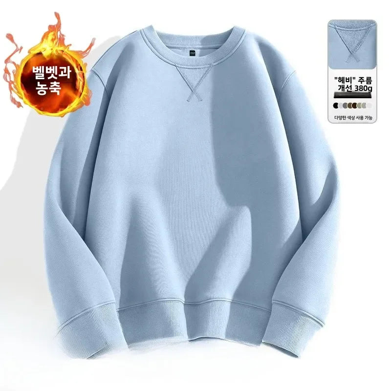 Thickened Fleece Hoodless Sweatshirt Men's Round Neck Winter Casual Loose Fit Cotton Polyester Long Sleeve Self Heating
