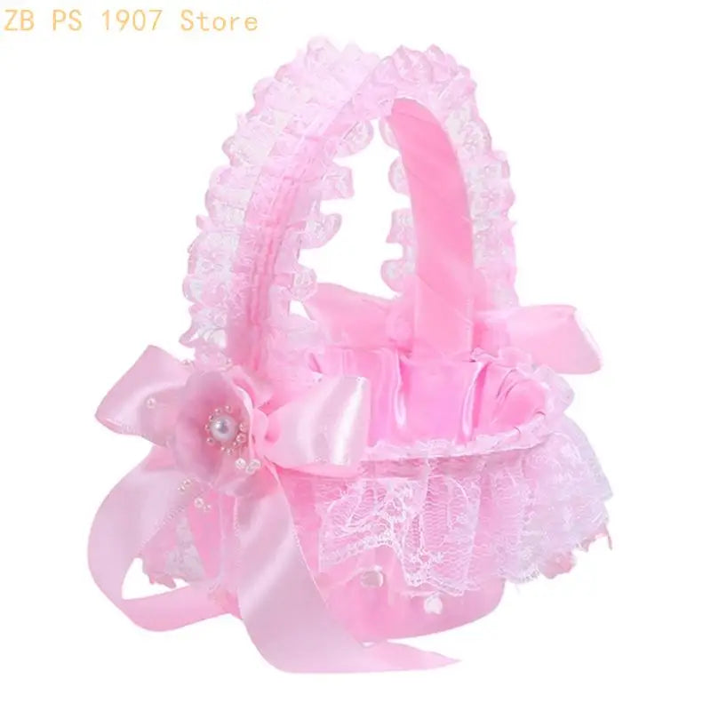 Wedding Flower Girl Basket with Lace Trim Handle Bowknot Flower Baskets for Wedding Ceremony Party Floral Arrangement 55KA