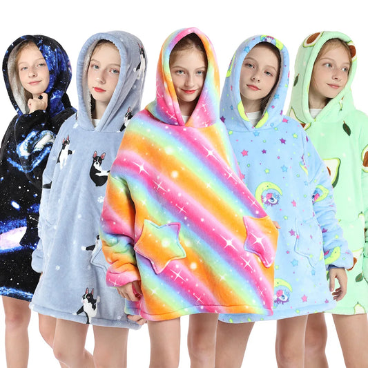 Kids Hoodie Homewear Oversized Blanket with Sleeves Cartoon Print Robe Boy Sweatshirt Teenage Girl Hoodie Children Warm Clothes
