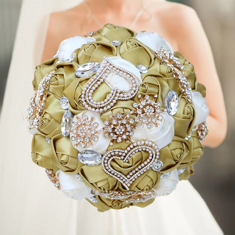 1pc/lot Gold Bridal Wedding Bouquet  Satin Rose Artificial Flowers Wedding Bouquet de novia On Sale