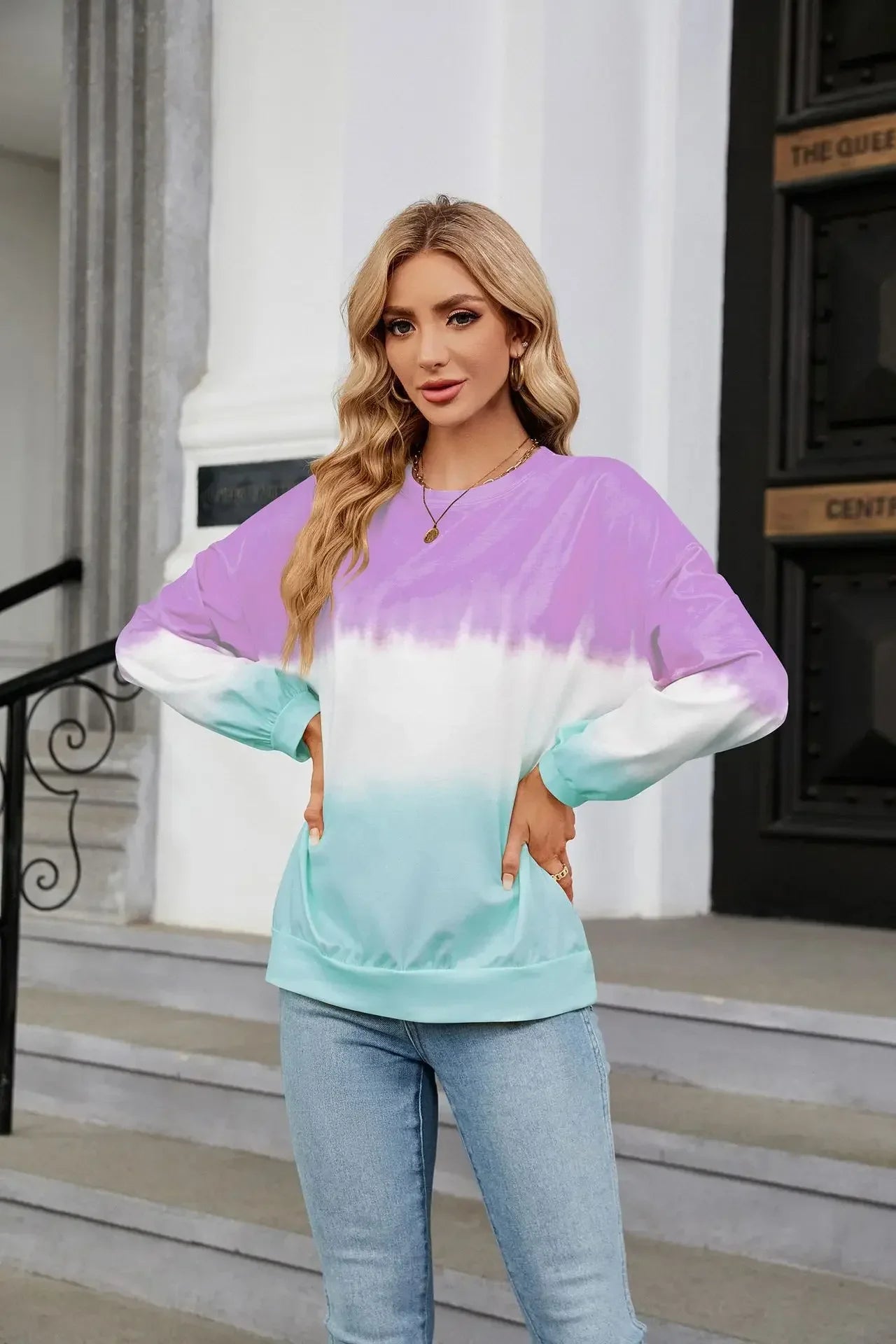 Women's Fashion Gradient Hoodies Sweatshirts Long Sleeve O-Neck Hoodies Print Oversized Pullovers Women Y2k Harajuku Streetwear