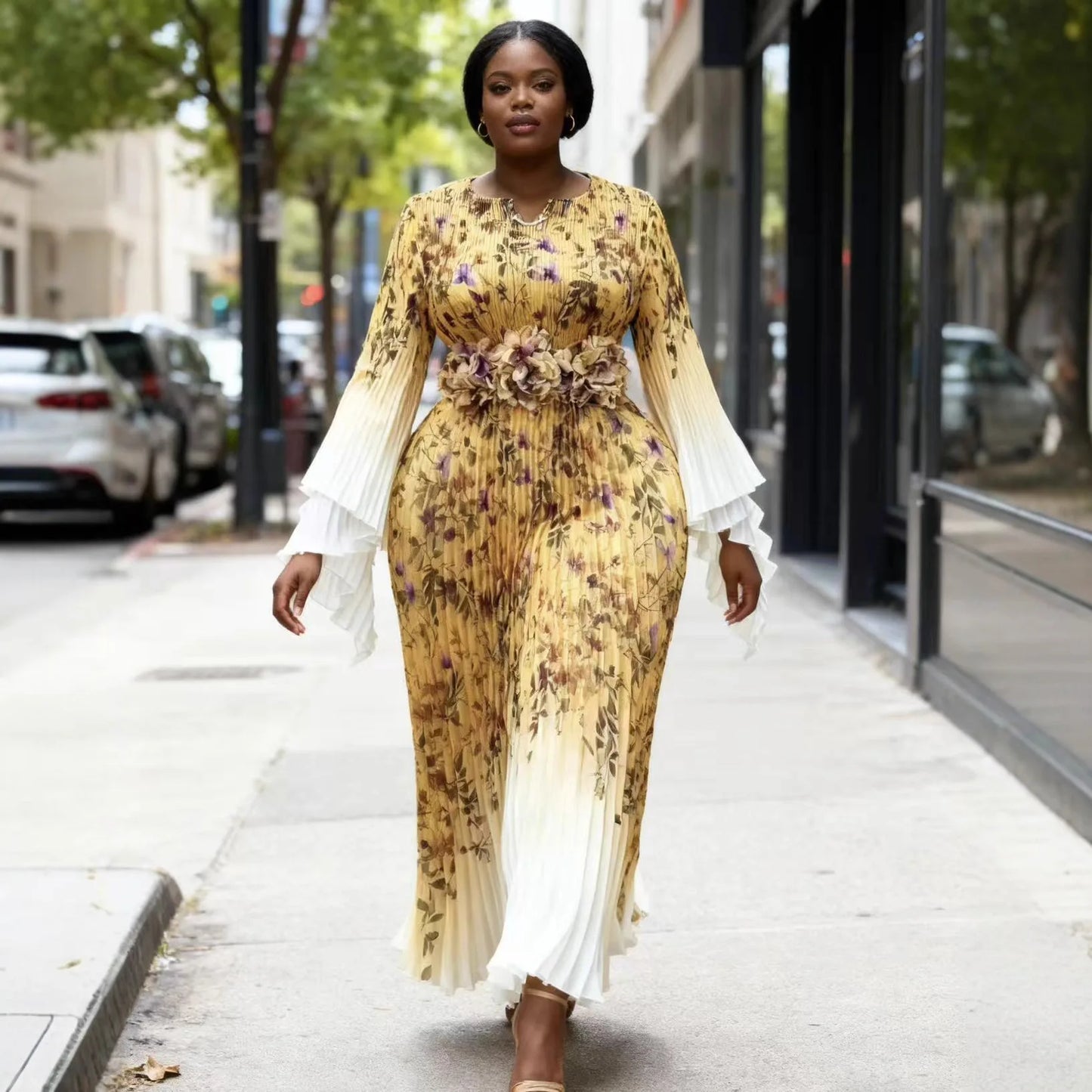 2025 One Size Temperament Women's Miyake Pleated Printed Long Sleeve Dress Loose Clothing Casual Pleated Dress