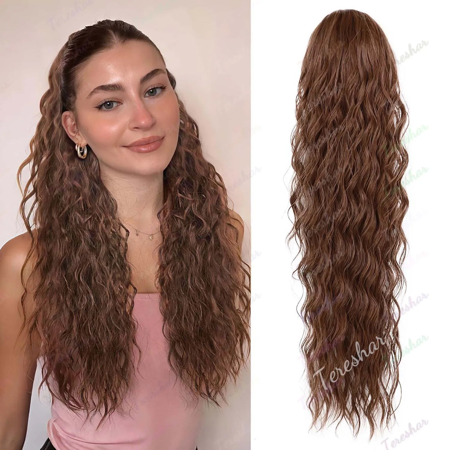 Synthetic 24inch Long Curly Wavy Ponytail Extension Drawstring Ponytail Hair Extensions for Women Hairpiece for Daily Use Party