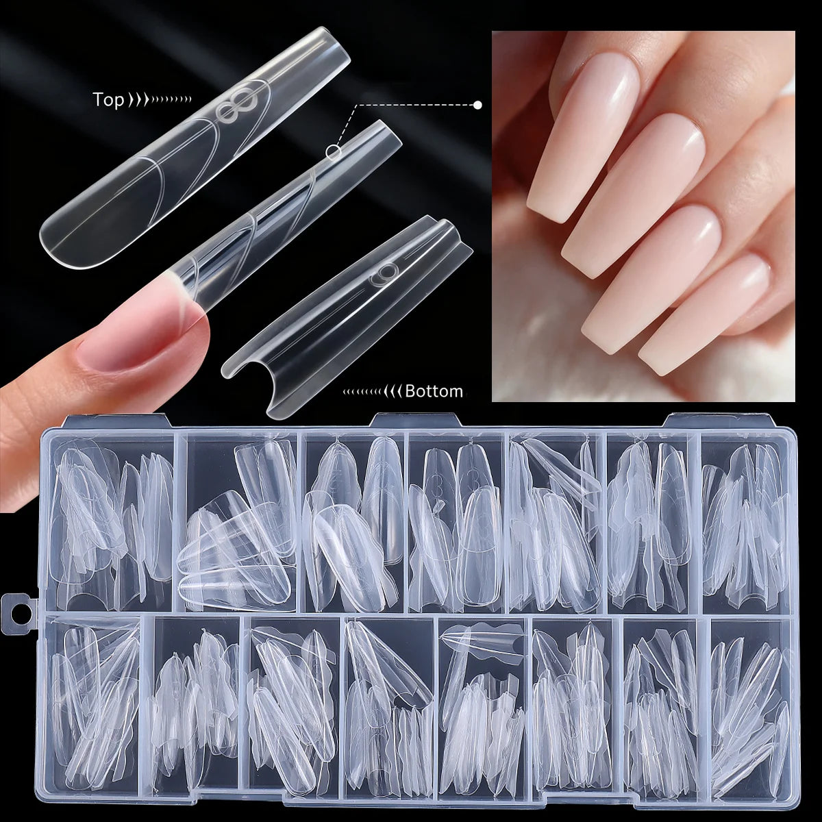 180pcs New Sandwich Nail Extension Mold Interlayer Dual Nail Forms Easy To Shape Oval/Coffin Mixed 15 Size Prolong Tool Manicure