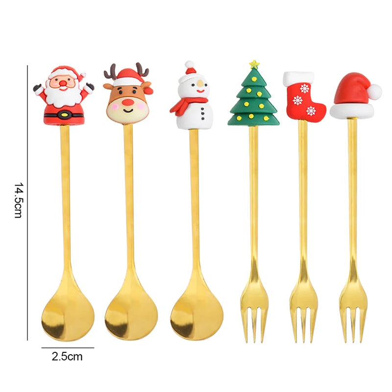 2/4/6pcs Christmas Gift Spoon Forks Set Stainless Steel Cutlery Tableware Decoration Coffee Tea Dessert Scoop 2025 New Year Home