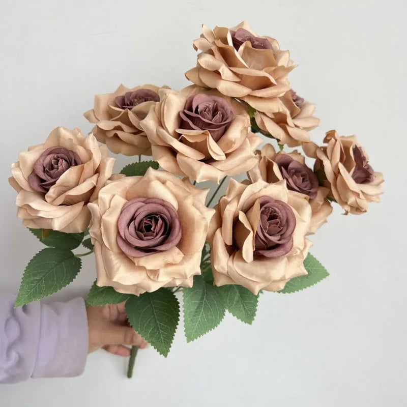 9Heads Diamond Roses Bouquet Artificial Flower Living Room Decoration Wedding White Ivory Red Brown Rose Fake Rose Fake Rose