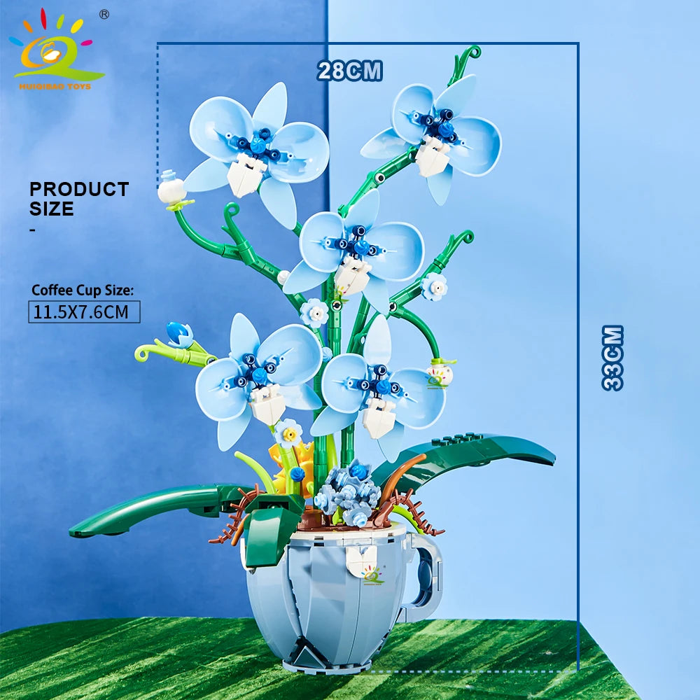 HUIQIBAO Flower Orchid Rose Daisy Coffee Cup Potted Building Blocks Bouquet MOC Bricks Toys DIY Home Desk Plant Decoration