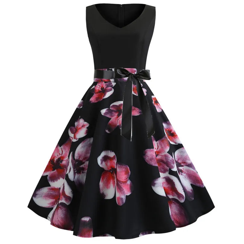 Women Summer Dress Casual Floral Print Retro Vintage Dresses Sleeveless High Waist Elegant Office Ladies Party Sundress