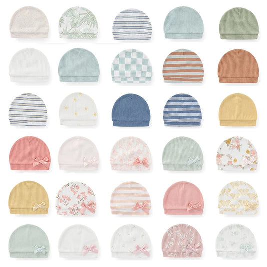5Pieces Newborn Baby Boy Hats Cartoon Print 100%Cotton Baby Girls Hats 0-6Months Soft Solid Color Infant Accessories