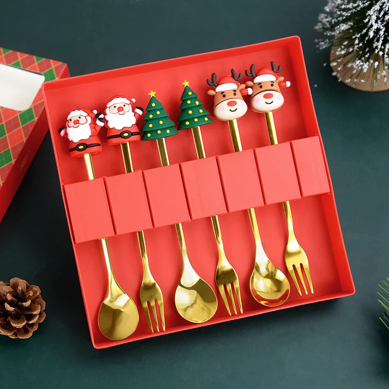 2/4/6pcs Christmas Gift Spoon Forks Set Stainless Steel Cutlery Tableware Decoration Coffee Tea Dessert Scoop 2025 New Year Home