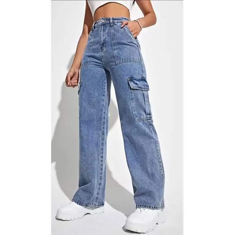 Trendy High Waist Women's Denim Work Pants Multiple Pockets Straight Leg High Street Fashion Casual Long Jeans