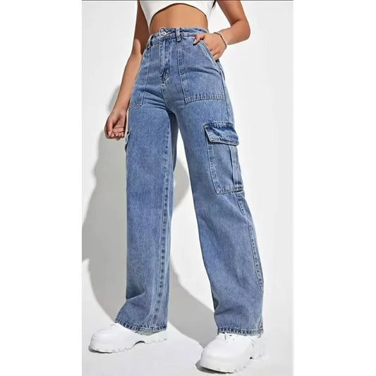 Trendy High Waist Women's Denim Work Pants Multiple Pockets Straight Leg High Street Fashion Casual Long Jeans