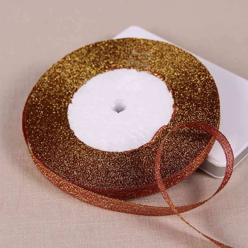 1/4" (6mm) 25yards Gold Silver Metallic Glitter Ribbons For DIY Crafts Sewing Fabric Christmas Party Wedding Supplies Gift Wrap