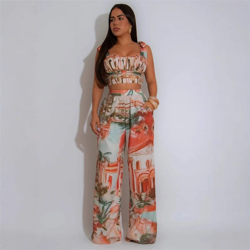 Doyerl Printing Pattern Two Piece Set Woman Holiday Outfits Lace-up Strapless Crop Top and Wide Leg Pants Matching Sets Ensemble