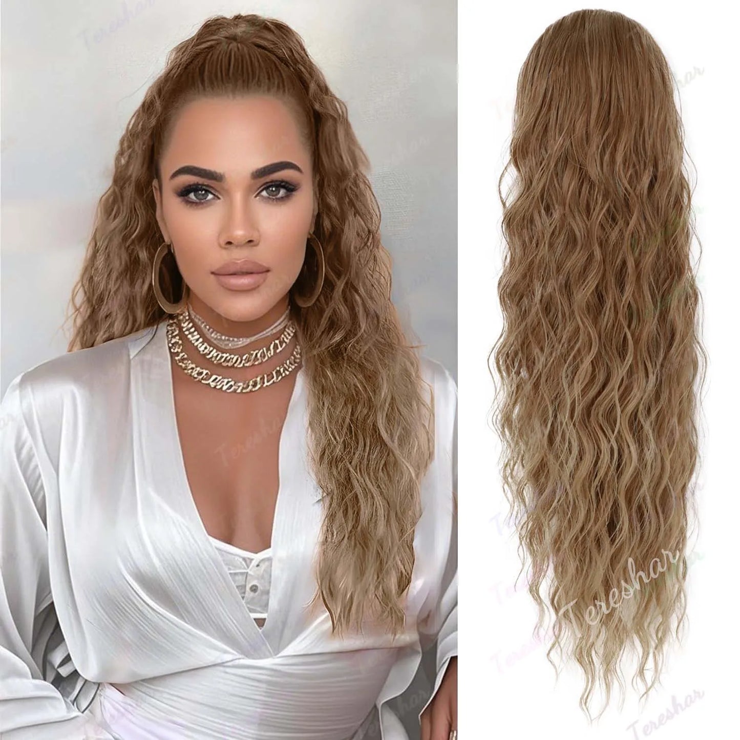 Synthetic 24inch Long Curly Wavy Ponytail Extension Drawstring Ponytail Hair Extensions for Women Hairpiece for Daily Use Party