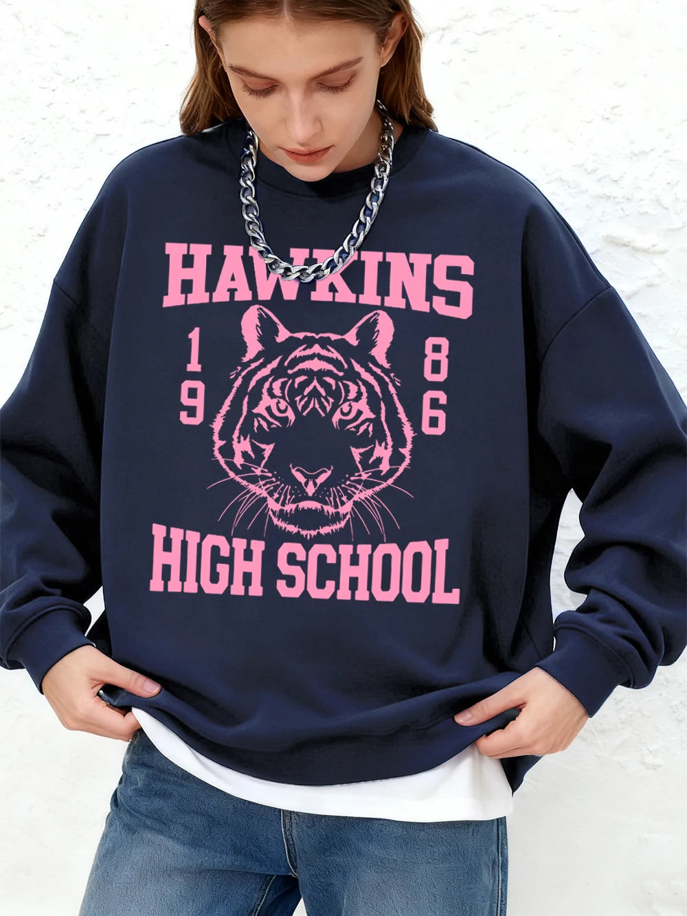 Hawkins High School 1986 Prints Sweatshirts Womens Winter Loose Hoodies Fleece Warm Jogger Tops Basics Casual Crewneck Clothes