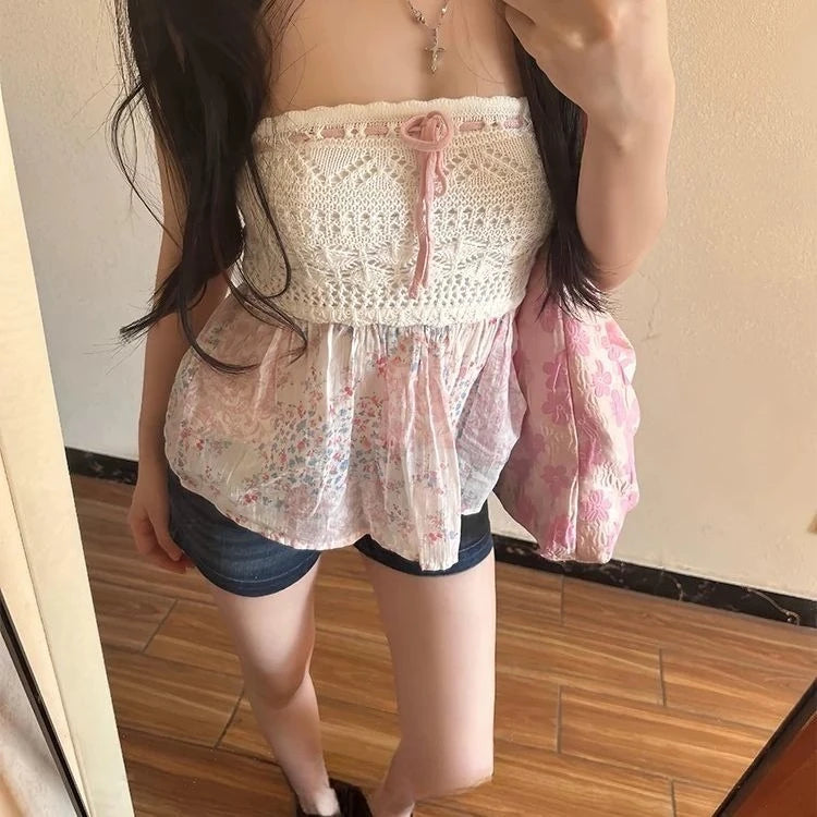 Summer  New Sexy Spice French Elegant Ladies Top Lace Patchwork Halter Vest Floral Skirt Design Hollowed-Out Strapless Tops