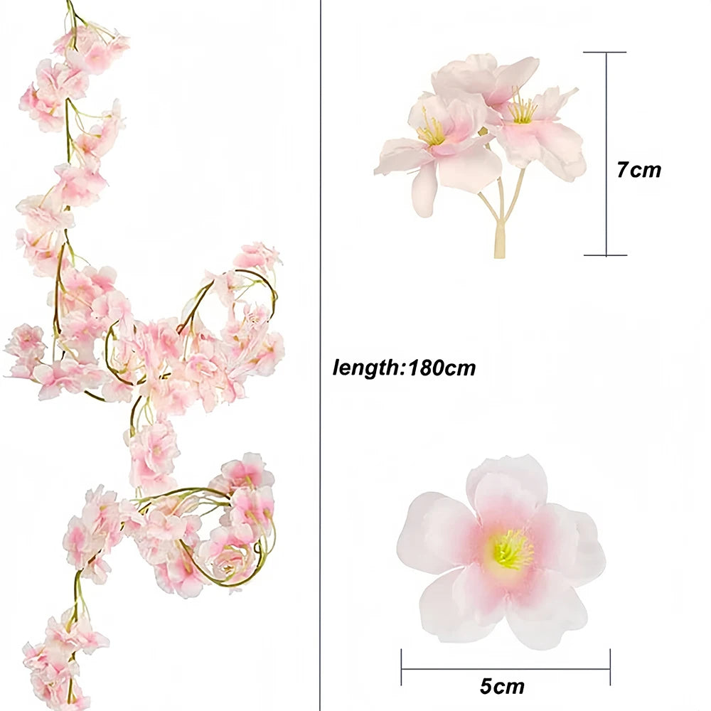 180cm Artificial Flowers Cherry Blossom Sakura Garland Wedding Arch Garden Backdrop Home Party Decoration Silk Fake Plants Vine
