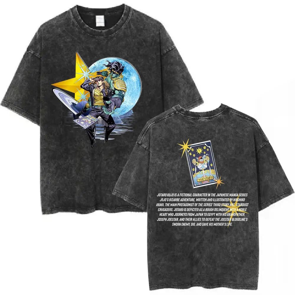 Anime JoJo Bizarre Adventure Vintage Washed T-shirt Giorno Giovanna Bruno Buccellati T-shirts Men's Women Fashion Casual T Shirt