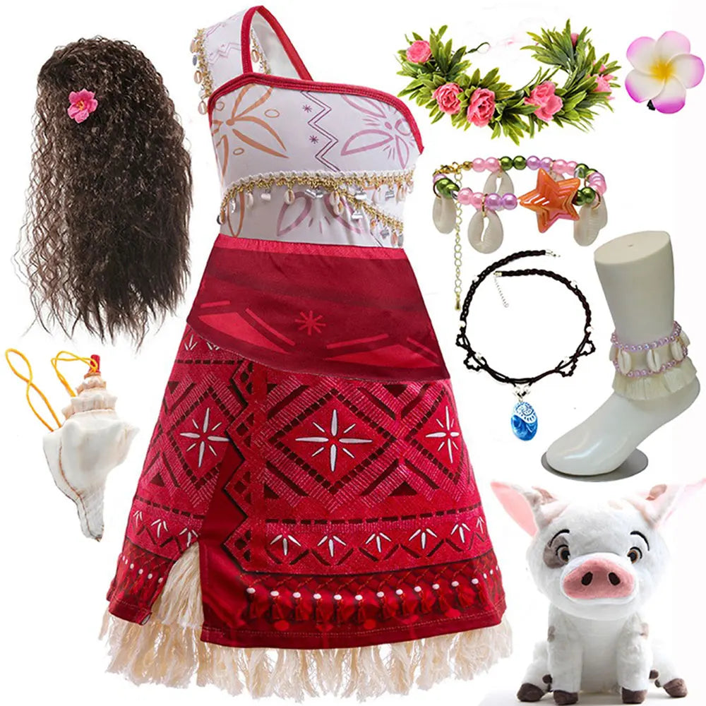 Disney New Summer Movie Hot Moana 2 Short-sleeved Clothes Girl Cosplay Moana Princess One-Shoulder Suspender Dress + Wig Set