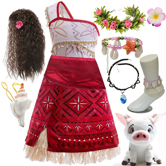 Disney New Summer Movie Hot Moana 2 Short-sleeved Clothes Girl Cosplay Moana Princess One-Shoulder Suspender Dress + Wig Set
