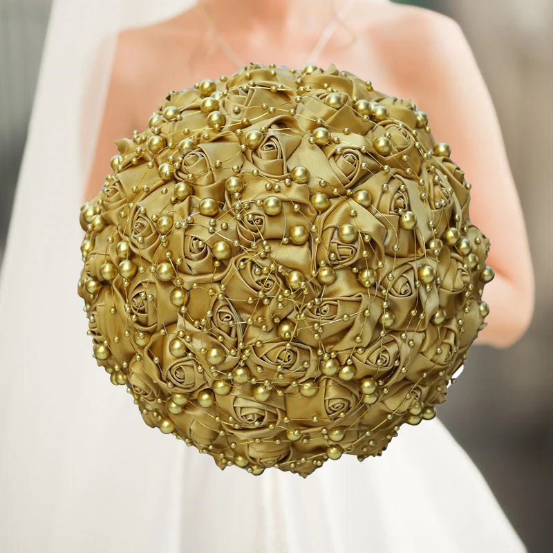 1pc/lot Gold Bridal Wedding Bouquet  Satin Rose Artificial Flowers Wedding Bouquet de novia On Sale