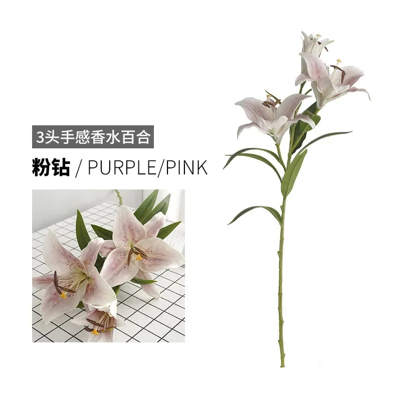 Flores Artificiales Simulated 3 Large Perfume Lilies Wedding Bouquets Flower Decoration with Vase  Home Decore