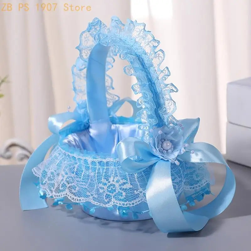 Wedding Flower Girl Basket with Lace Trim Handle Bowknot Flower Baskets for Wedding Ceremony Party Floral Arrangement 55KA