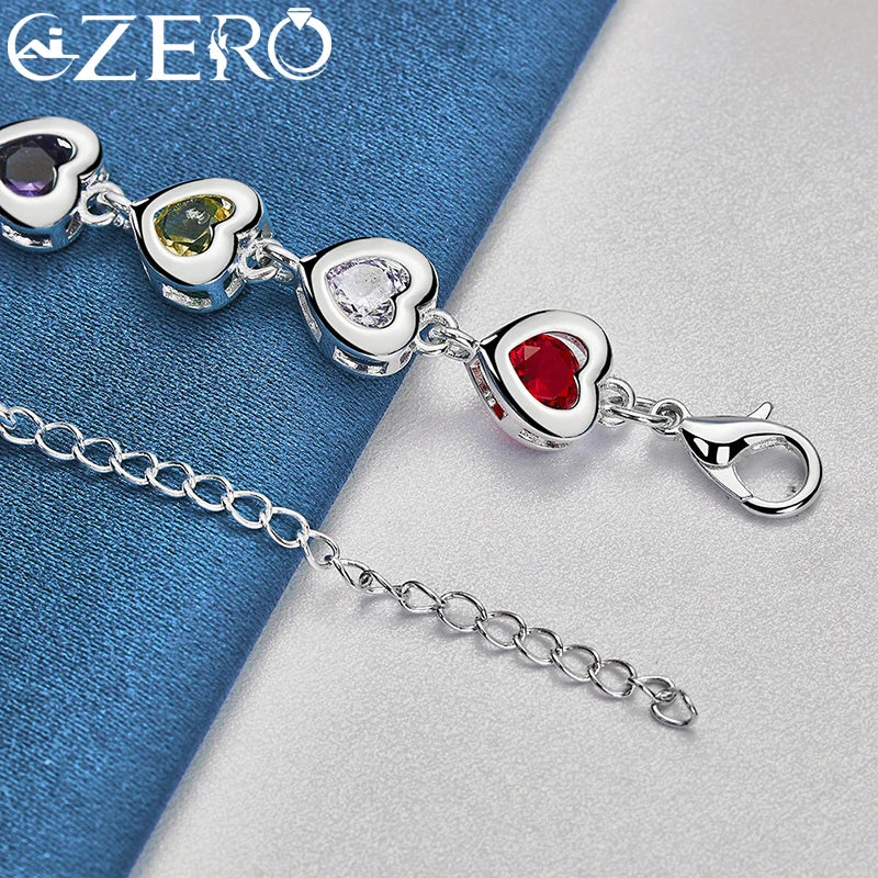 Hot 925 Sterling Silver Heart Multi-Color Crystal Chain Bracelet For Women Fashion Wedding Party Jewelry Valentine'S Day Gift