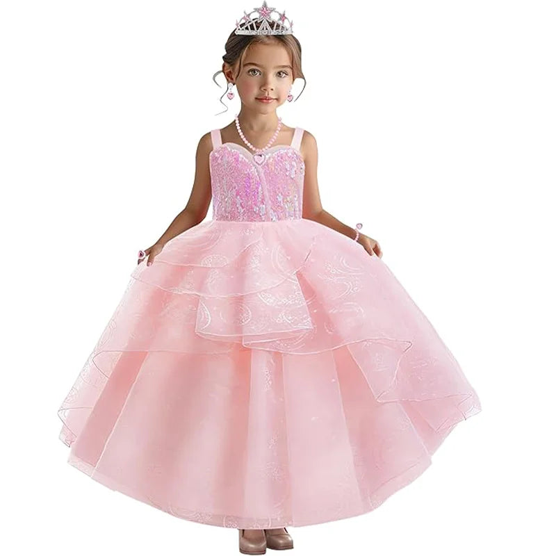 Good Witch Glinda Costume Pink Dress With Crown Magic Wand And Gloves For Wicked Girls Halloween Cosplay Birthday Prom Outfits