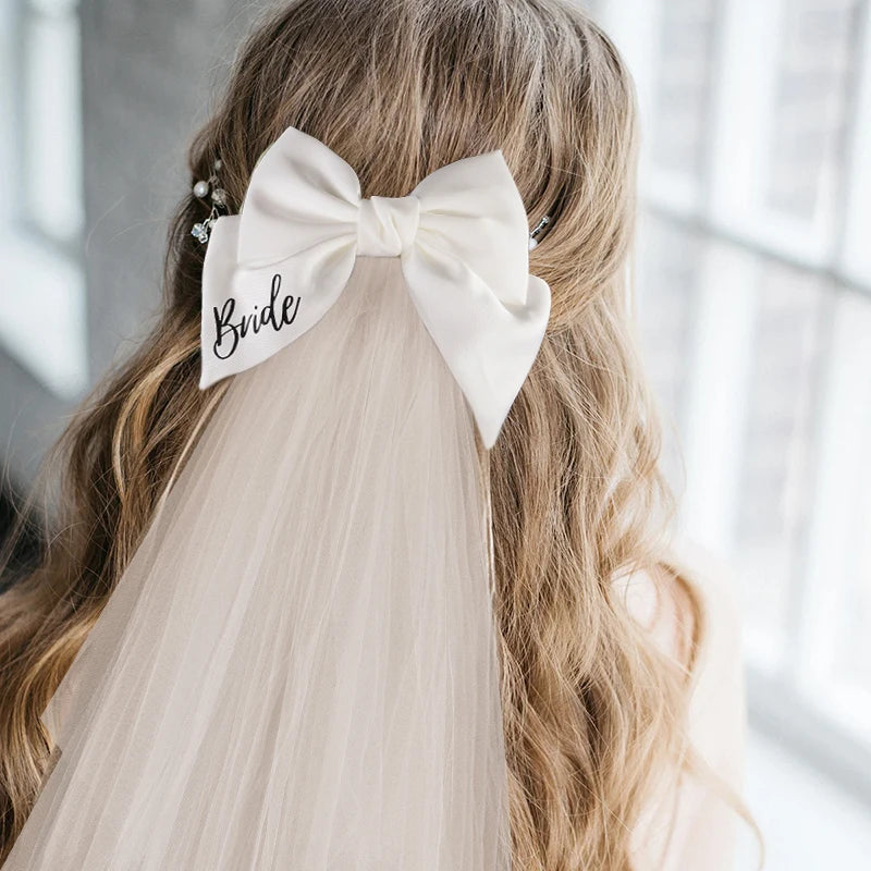 White Bride Bow Veil with Hair Clip Bridal Shower Party Decoration Wedding Photo Props Hen Bachelorette Party Supplies Gift