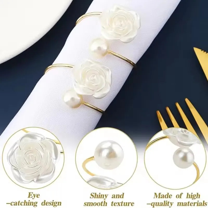 10PC Valentine's Day Wedding Pearl Napkin Clasp Roses Creative Round Pearl Napkin Rings for Restaurant Family Table Decoration