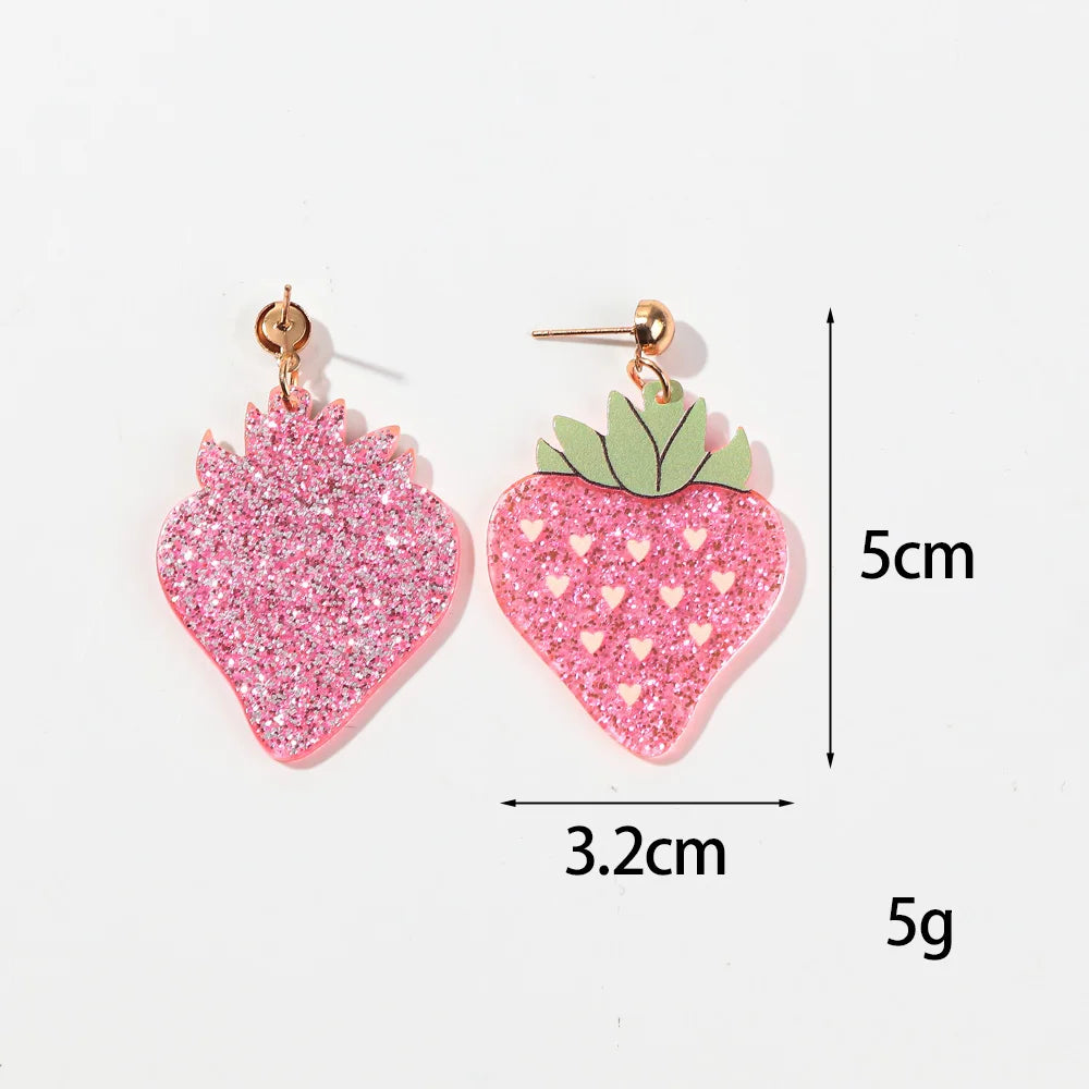 Glitter Pink Strawberry Acrylic Drop Earrings for Women New Cute Red Mushroom Drop Earring Trendy Jewelry Valentine's Day Gifts