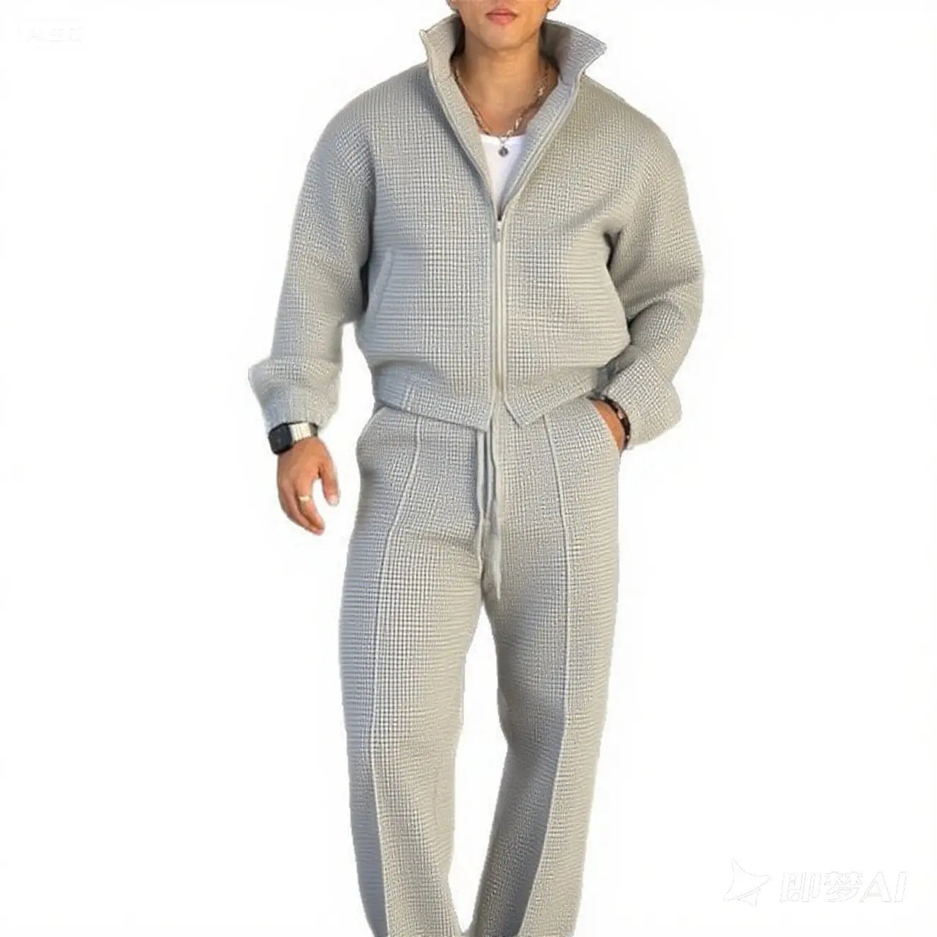 Fall men's fashionable sporty casual suit - high-quality stand-up collar solid-color pullover with zipper, drawstring pants