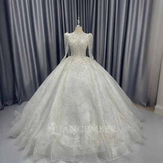 Hot Sale Crystal Ball Gown Wedding Dresses New Long Sleeve Organza Customized Wedding Gowns Bridal Dress فساتين حفلات