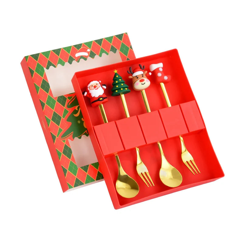 2/4/6pcs Christmas Gift Spoon Forks Set Stainless Steel Cutlery Tableware Decoration Coffee Tea Dessert Scoop 2025 New Year Home