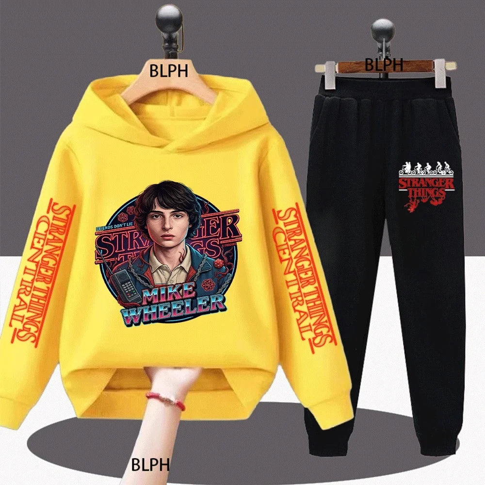 Kids Stranger Things Mike Wheeler Graphic Hoodie Set, Classic TV Show Inspired Casual Sweatshirt and Pants Outfit for Boys Girls