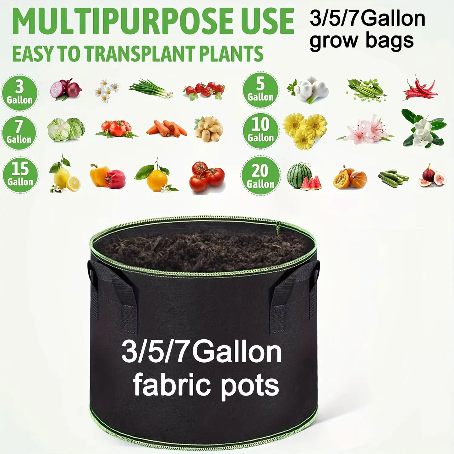 3/5/7 Gallon Grow Bags with Handles & Lock Edges, 5/6/13 Packs Non-Woven Fabric Pots, Reinforced Planting Bags for Vegetables