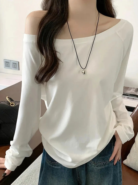 Oversize Off shoulder Long sleeve T shirt Women Solid color Casual Tops Lady Spring Autumn Basic Tees Korean style Youth Blouses