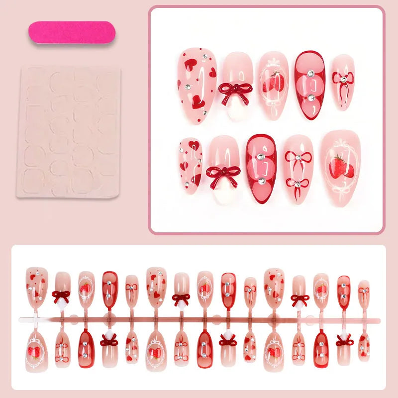 24Pcs Pink Square Fake Nails Women Valentine's Day Short Ballet Press On Nails French False Nails Bowknot/Lip/Love Heart Decor