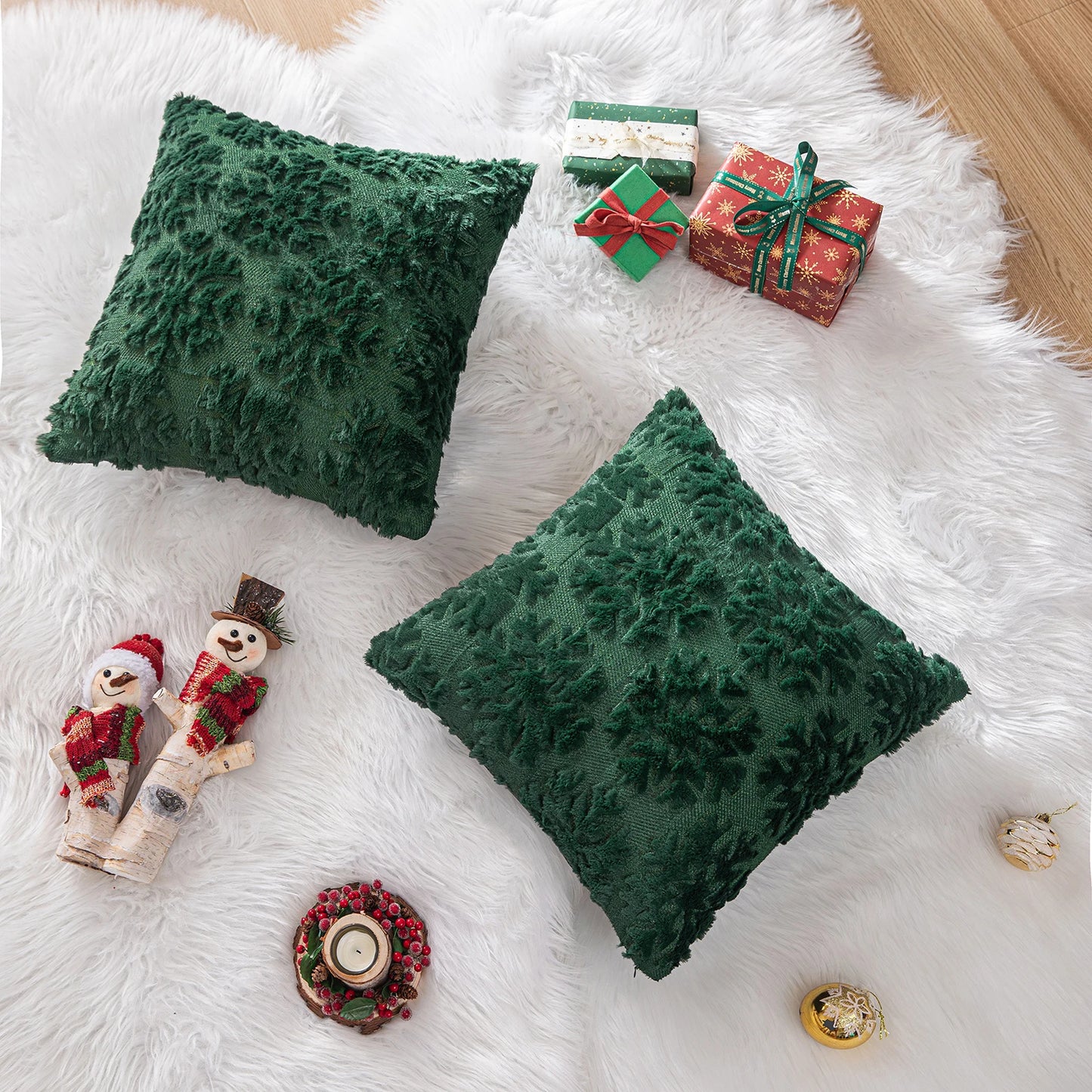 1/2 Pack Christmas Tree Square Throw Pillow Cases Snowflake Shaggy Plush PillowCases Embroidered Sofa Cushion Cover Home Decor