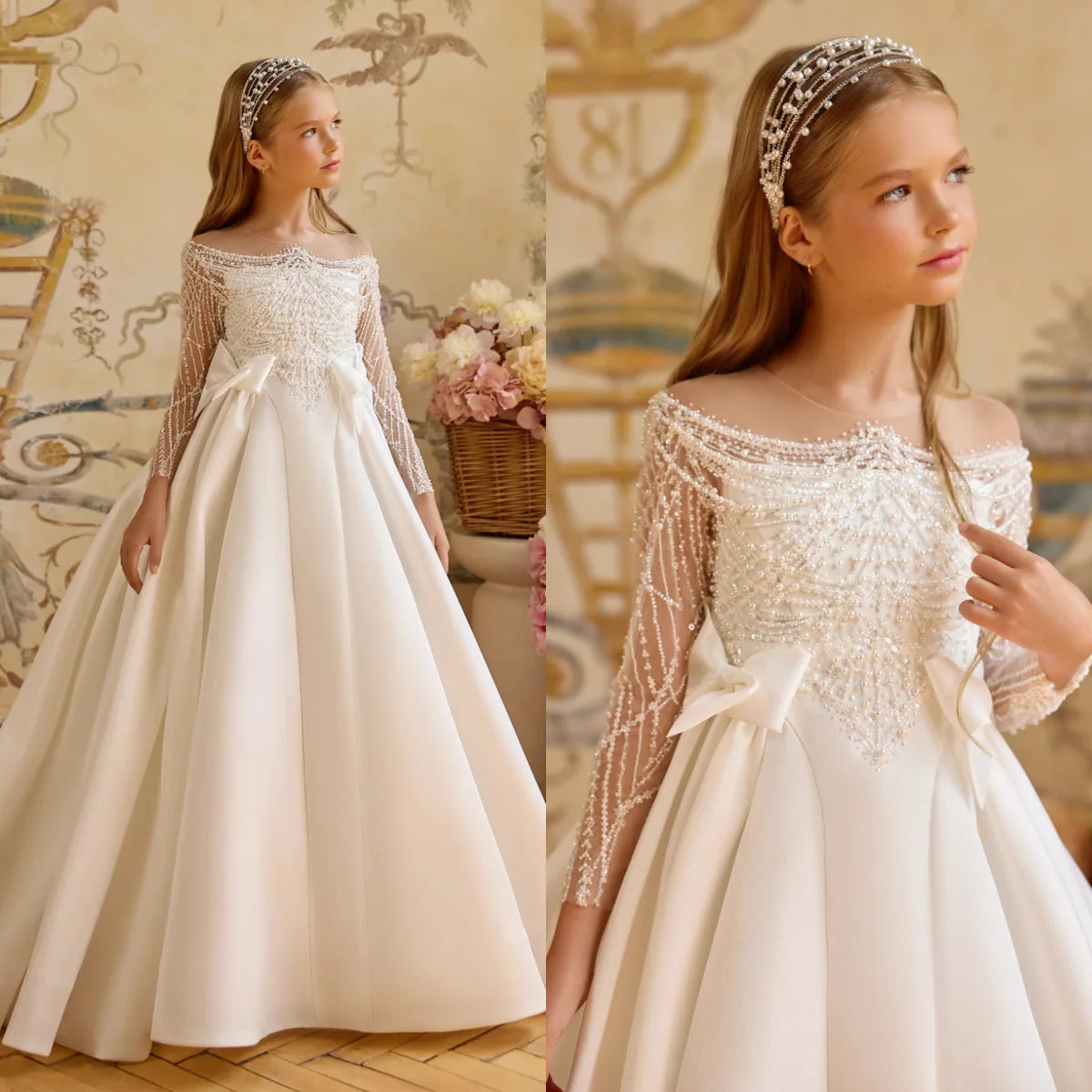 Luxury Pearls Beading Flower Girl's Dresses for Wedding White Ball Gown First Communion Dress Baby Girl Birthday Party Gowns