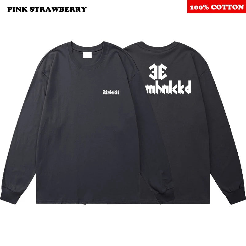 ins Letter Print T-shirt Men 2025 New Autumn 100% Cotton Oversize White O-Neck Long-sleeves T-shirt Loose Y2k Top Men clothing