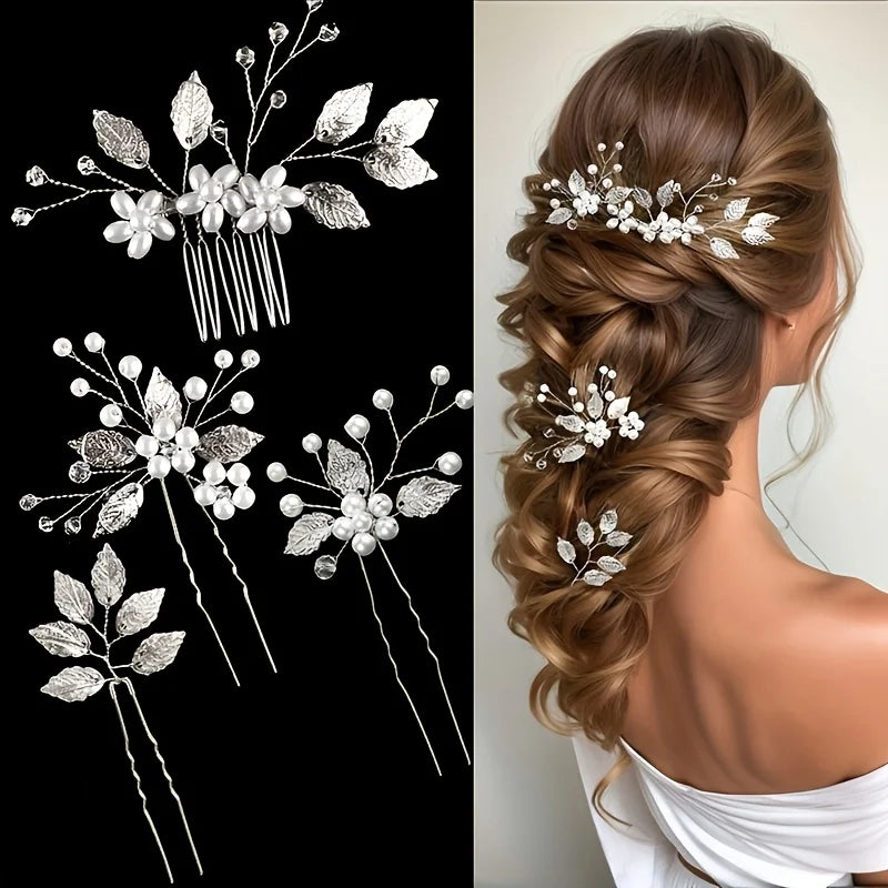 4 wedding romantic hair accessories, updo hair clips and headwear, elegant hair accessory and hairpin set