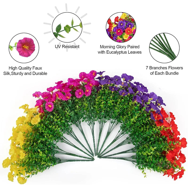 35CM Artificial Fake Silk Morning Glory Flower Green Eucalyptus Plant UV Protection for Porch Courtyard Garden Summer Home Decor