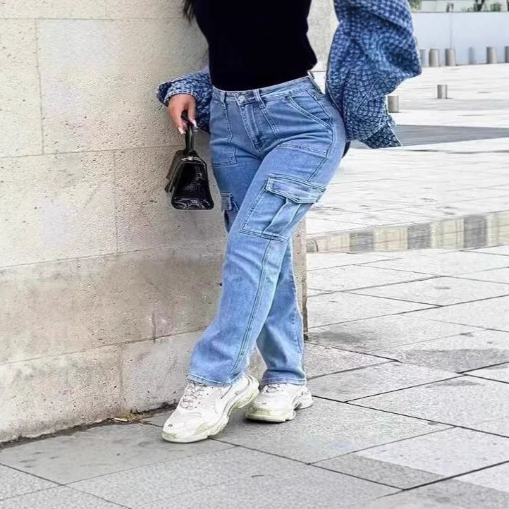 Trendy High Waist Women's Denim Work Pants Multiple Pockets Straight Leg High Street Fashion Casual Long Jeans