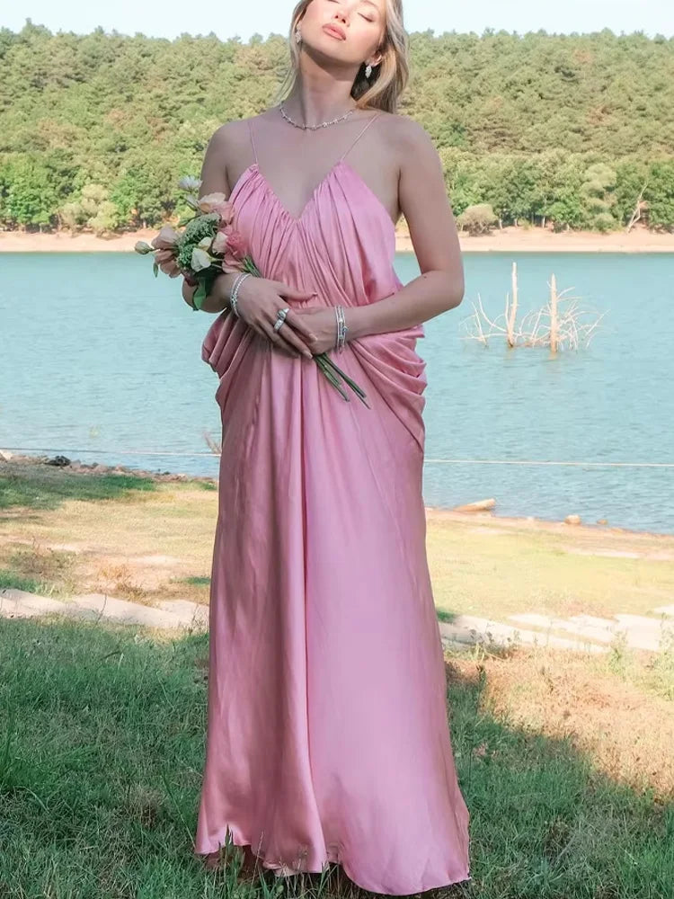 HH Summer Woman Holiday Dresses Party Midi Dress Women Elegant Silhouette Backless V-neck Pleated Design Chic Sexy Dresses