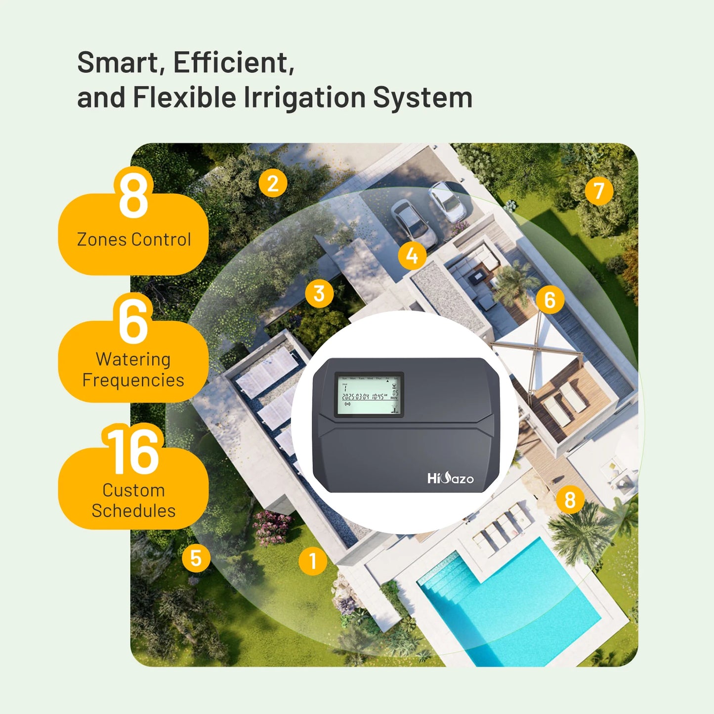 HiOazo 8-Zone Smart Irrigation Controller Support Weather Skips and Manual Watering WiFi Sprinkler Controller for Lawn,Courtyard